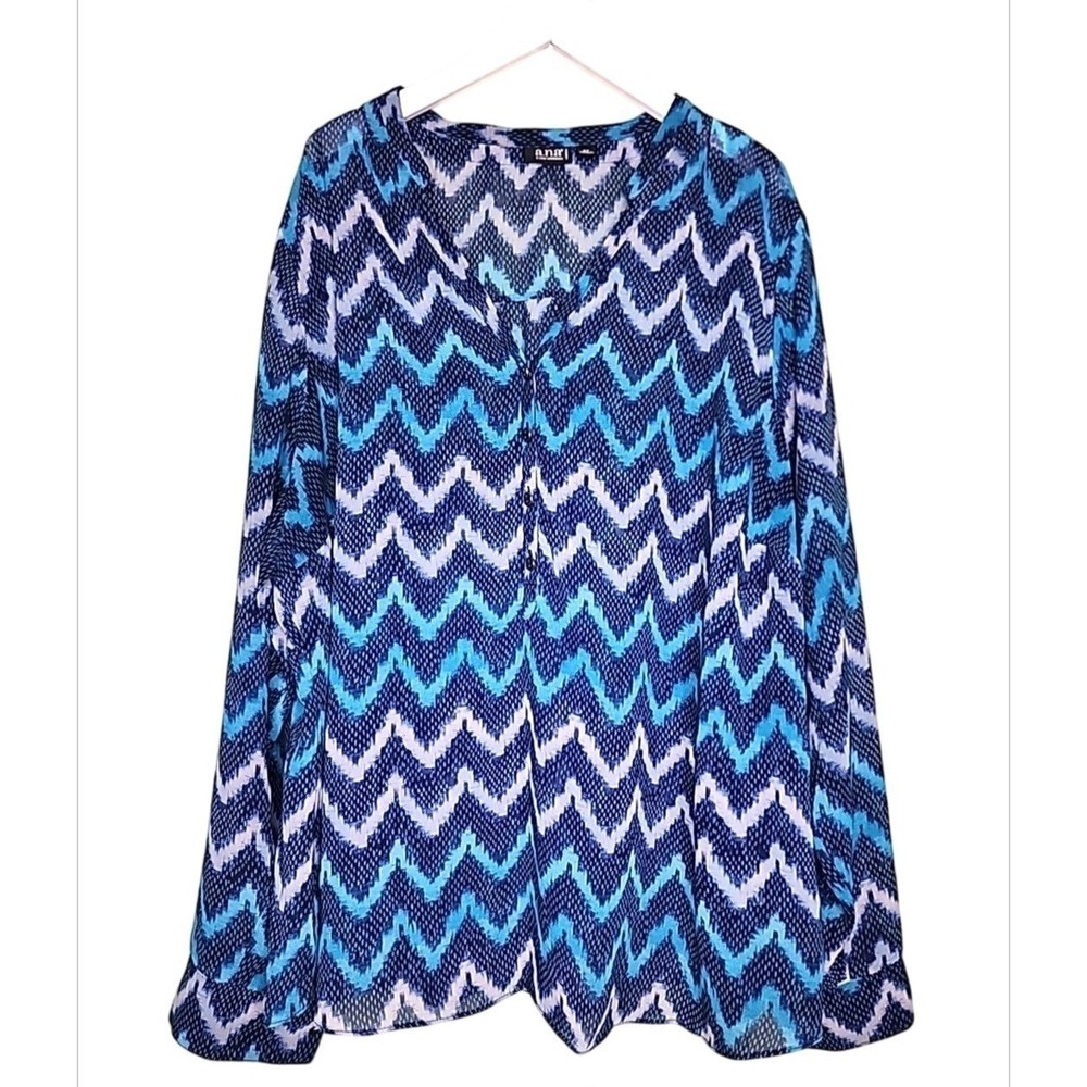 A.N.A. Woman Sheer Popover Top 2X Blue Roll Tab Sleeves V-Neck Casual Colorful
